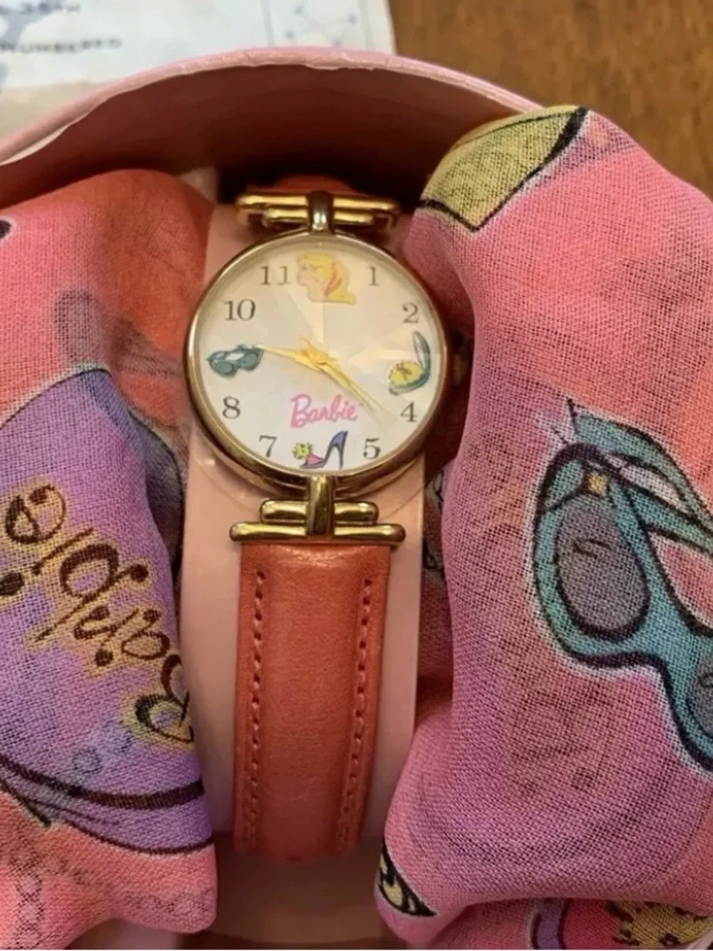 Vintage 1994 Barbie Fossil Women’s Gold w/ Pink Leather Watch-Paperwork, Scarf